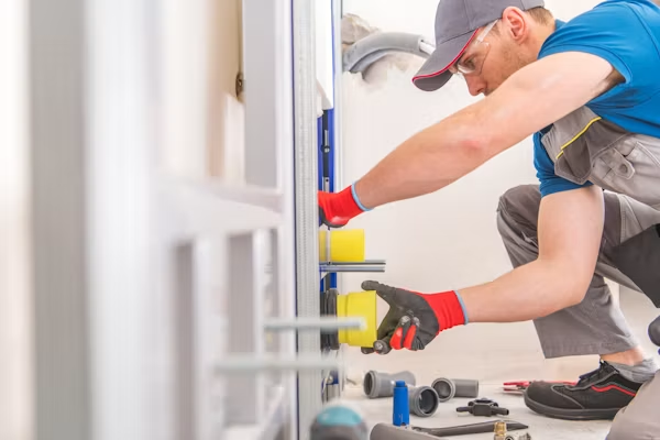 Bathroom remodeling preparation with plumbing connections inspected before installation.