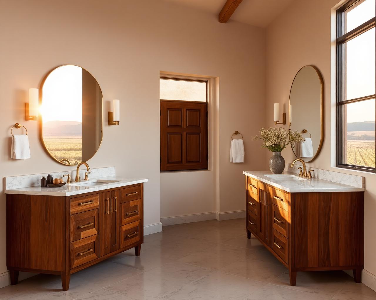 Walnut double vanity with quartz tops overlooking vineyards