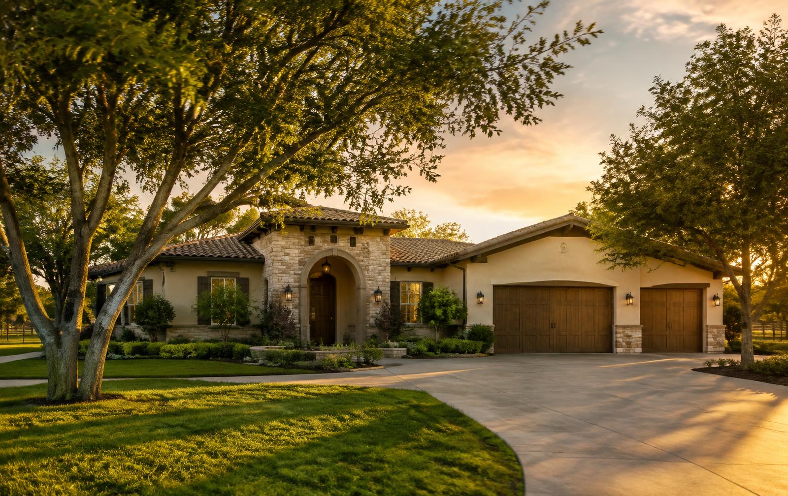 Central Valley ranch style home at golden hour